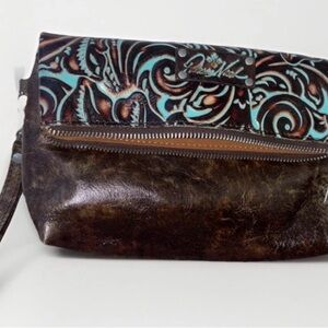 Patricia Nash Brown Leather Clutch with Turquoise Accents